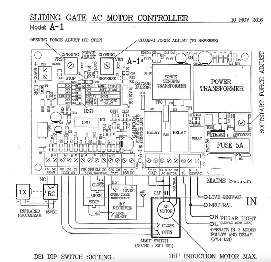 sliding gate ac motor controller a1 wireling conenction programming setting digram